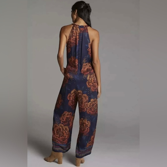 ANTHROPOLOGIE FARM RIO SLEEVELESS FLORAL HALTER JUMPSUIT SIZE M NAVY/ORANGE NWT - Picture 4 of 11